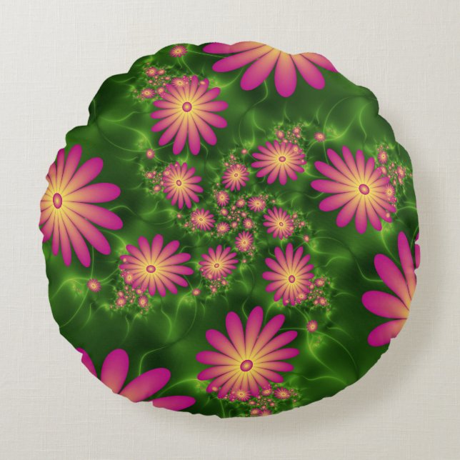 Roze fantasy Flowers Modern Abstract fractal Art Rond Kussen (Voorkant)