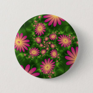 Roze fantasy Flowers Modern Abstract fractal Art Ronde Button 5,7 Cm