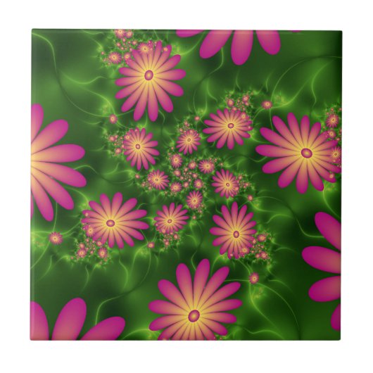 Roze fantasy Flowers Modern Abstract fractal Art Tegeltje (Voorkant)