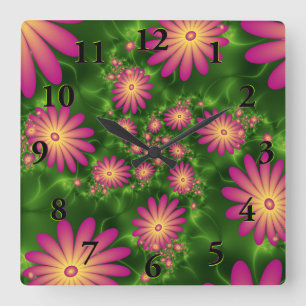 Roze fantasy Flowers Modern Abstract fractal Art Vierkante Klok