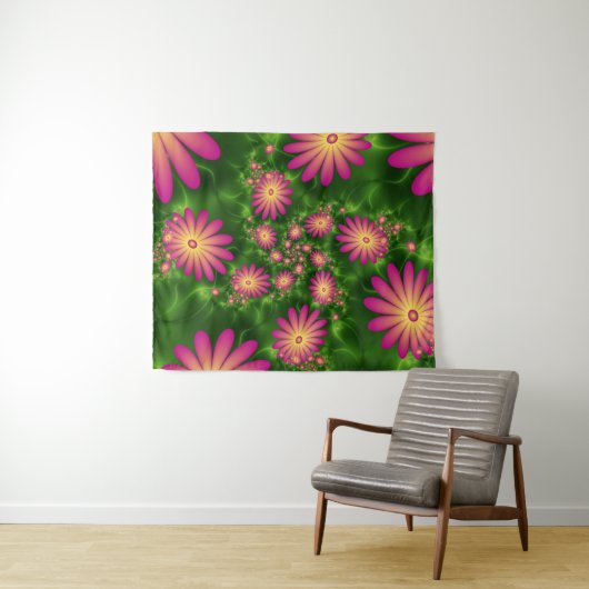 Roze fantasy Flowers Modern Abstract fractal Art Wandkleed (In Situ (horizontaal))