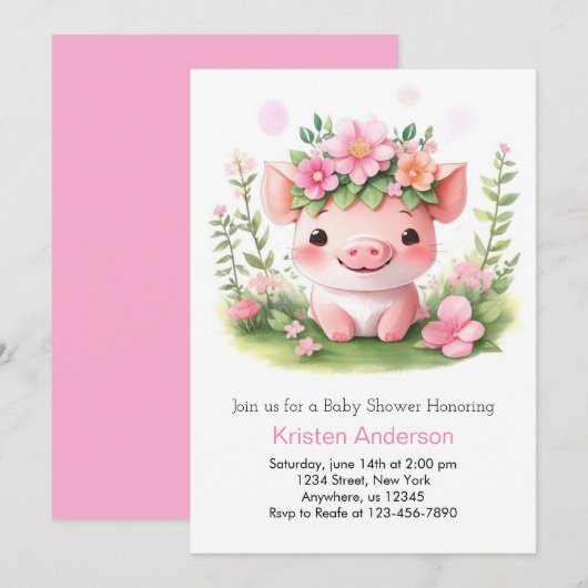 Roze Farmyard Piglet Meisje Baby shower Kaart (Voorkant / Achterkant)