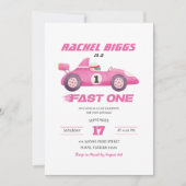 Roze Fast One Retro Racing Car Girl Eerste Verjaar Kaart (Voorkant)