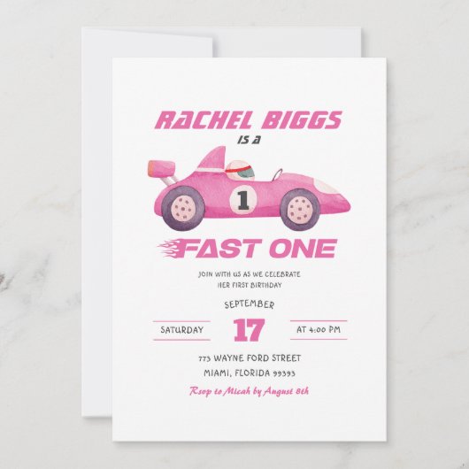 Roze Fast One Retro Racing Car Girl Eerste Verjaar Kaart (Voorkant)