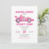 Roze Fast One Retro Racing Car Girl Eerste Verjaar Kaart (Staand voorkant)