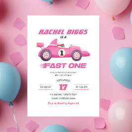 Roze Fast One Retro Racing Car Girl Eerste Verjaar Kaart