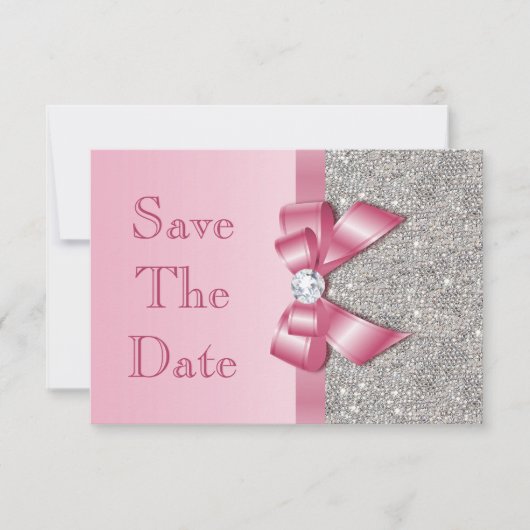 Roze Faux Bow & Diamonds besparen de datum Save The Date (Voorkant)