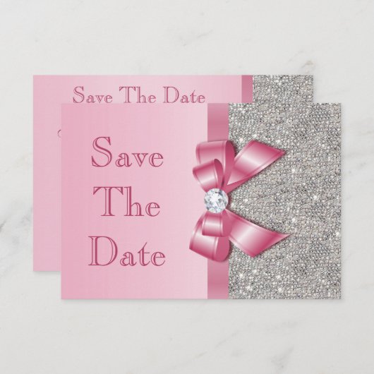 Roze Faux Bow & Diamonds besparen de datum Save The Date (Voorkant / Achterkant)