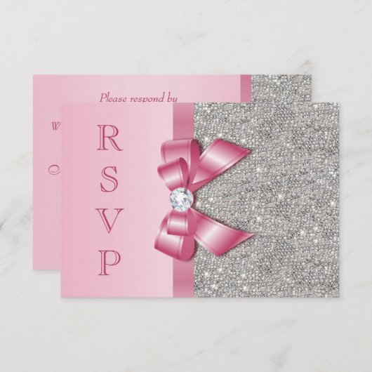 Roze Faux Bow & Diamonds RSVP (Voorkant / Achterkant)