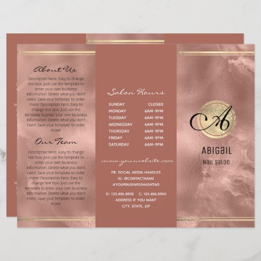 Roze Faux Folie Monogram Logo Drievoudig Brochure (Voorkant / Achterkant)