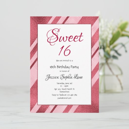 Roze Faux Folie Sweet 16 Birthday Uitnodiging (Staand voorkant)