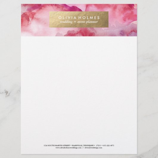 Roze Faux Folie Waterverf Letterhead Gepersonaliseerd Briefhoofd (Voorkant)