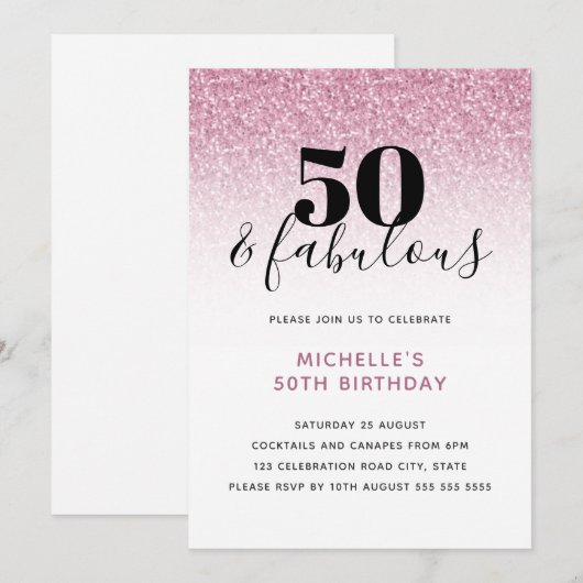 Roze Faux Glitter 50 & Fabulous 50th Birthday Kaart (Voorkant / Achterkant)
