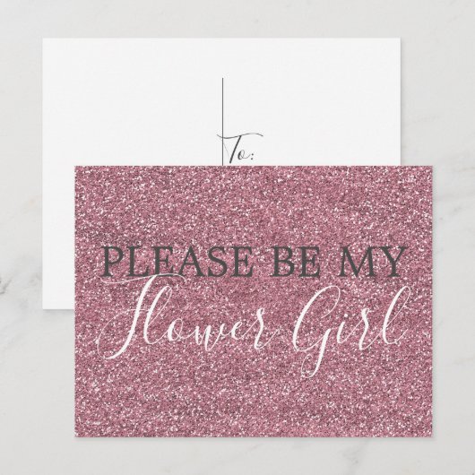 Roze Faux Glitter Bloemenmeisje Voorstel Uitnodiging Briefkaart (Voorkant / Achterkant)