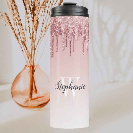 Roze faux Glitter Drip Sparkle Ombre Monogram Thermosbeker