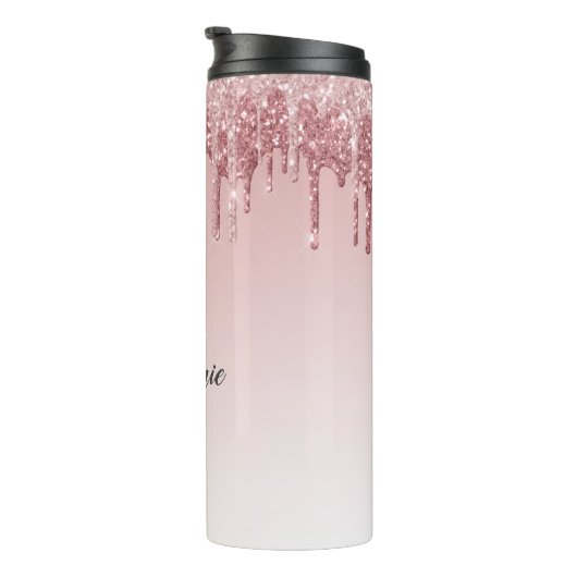 Roze faux Glitter Drip Sparkle Ombre Monogram Thermosbeker (Geroteerd rechts)