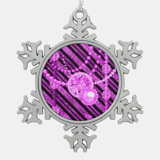 Roze faux glitter en juwelen Pewter Snowflake Tin Sneeuwvlok Ornament (Voorkant)