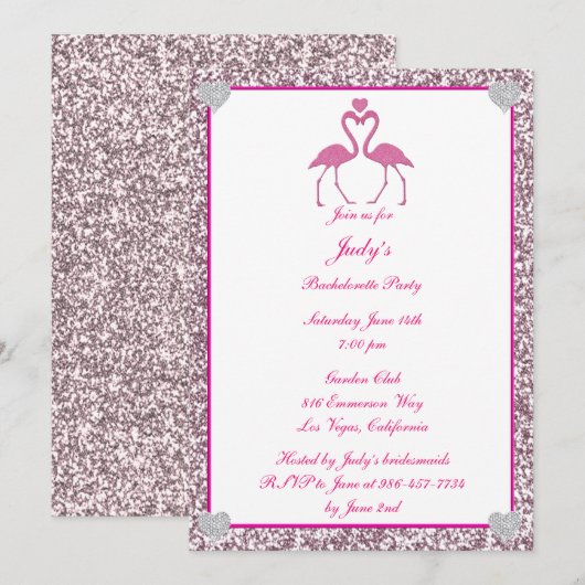 Roze Faux Glitter Flamingo Bachelorette Party Kaart (Voorkant / Achterkant)