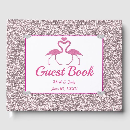 Roze Faux Glitter Flamingo Liefde Bruiloft Gastenb Gastenboek (Voorkant)