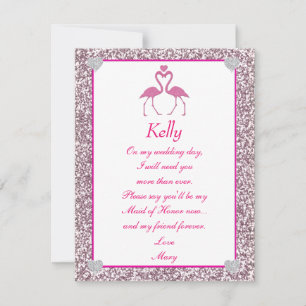 Roze faux Glitter Flamingo Love Maid of Honor Kaar Kaart