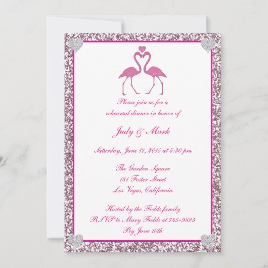 Roze faux Glitter Flamingo Rehearsal Dinner Invite Kaart (Voorkant)
