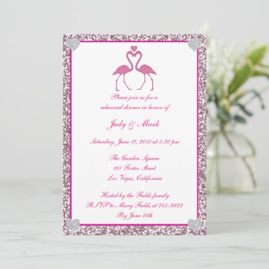 Roze faux Glitter Flamingo Rehearsal Dinner Invite Kaart (Staand voorkant)