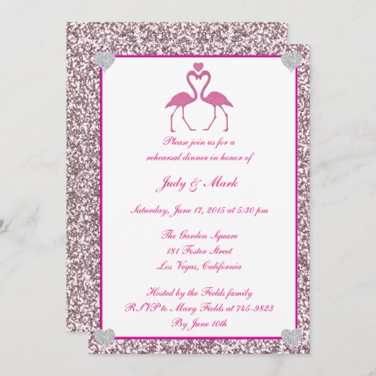 Roze faux Glitter Flamingo Rehearsal Dinner Invite Kaart (Voorkant / Achterkant)