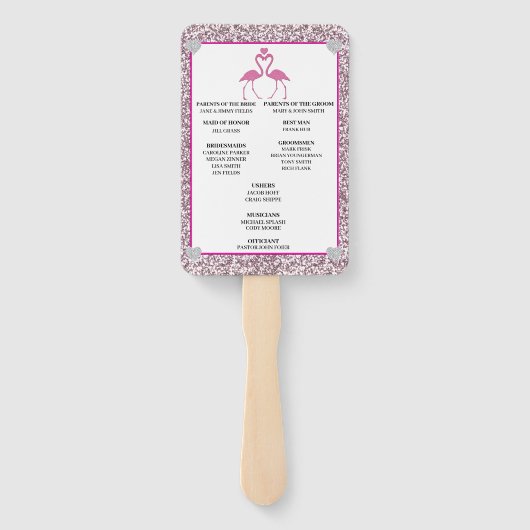 Roze Faux Glitter Flamingo Trouwprogramma Fans Handwaaier (Achterkant)