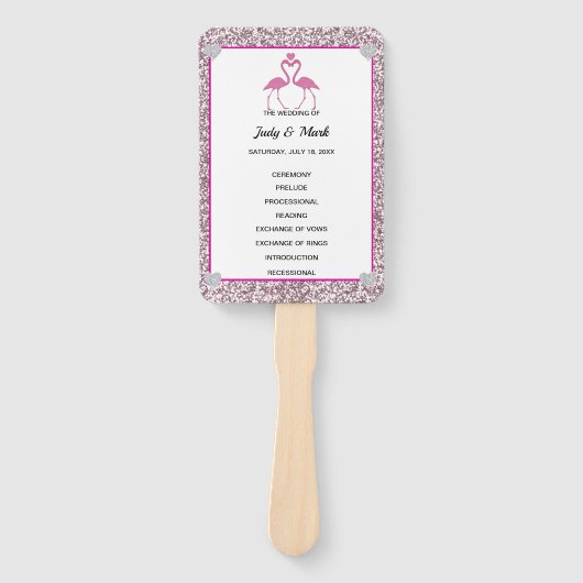 Roze Faux Glitter Flamingo Trouwprogramma Fans Handwaaier (Voorkant)
