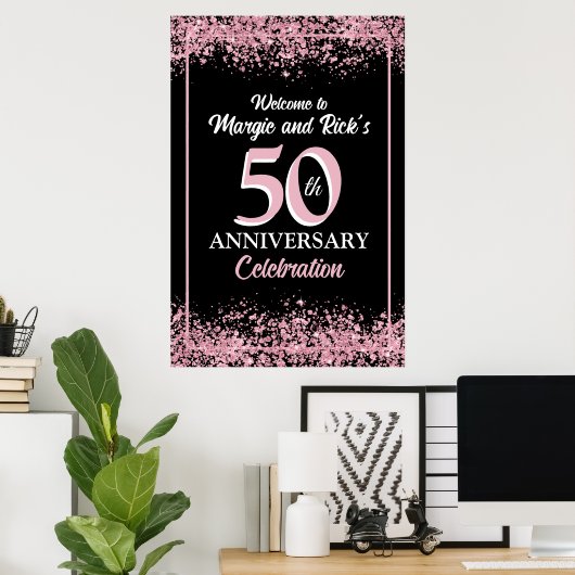 Roze Faux Glitter Flowers 50e Jubileum Poster (Thuiskantoor)