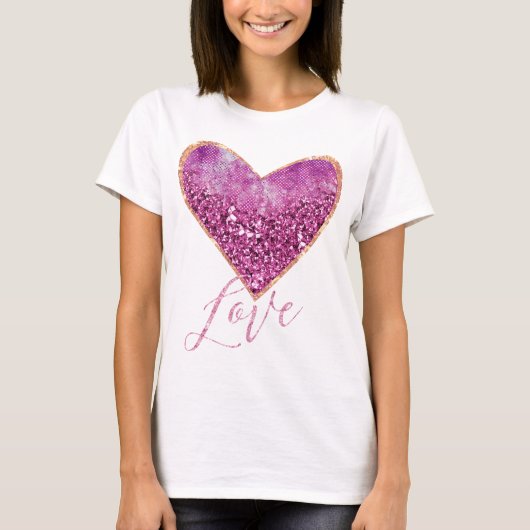 Roze faux Glitter Gold Border Heart Love T-shirt (Voorkant)