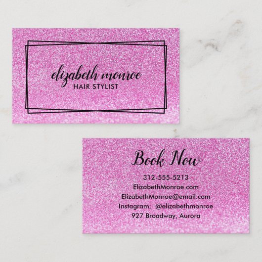 Roze Faux Glitter Haarstylist Makeup Salon Script Visitekaartje (Voorkant / Achterkant)