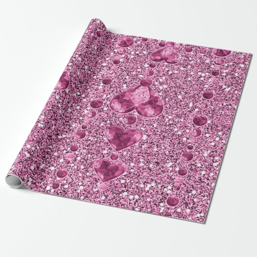 Roze Faux Glitter & Heart Droplets Cadeaupapier (Uitgerold)