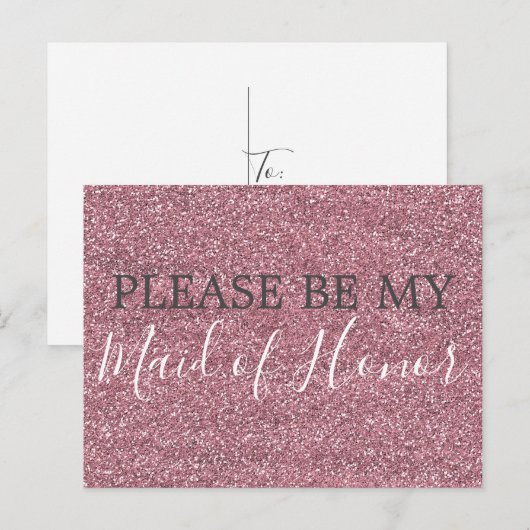 Roze Faux Glitter Maid of Honor proposal Uitnodiging Briefkaart (Voorkant / Achterkant)