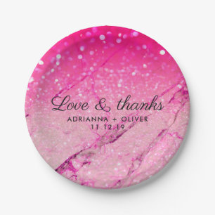Roze Faux Glitter Marmeren Patroon Wedding Dank u Papieren Bordje