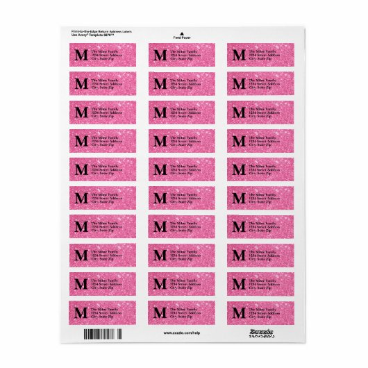 Roze Faux Glitter Monogram - Retouradreslabels Etiket (Full Sheet)