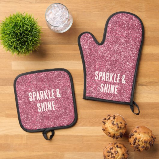 Roze Faux Glitter Ovenwant & Pannenlap Set (Top down)