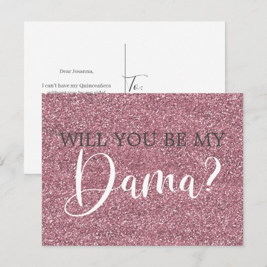 Roze Faux Glitter Quinceanera Dama Voorstel Uitnodiging Briefkaart (Voorkant / Achterkant)