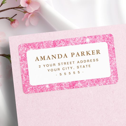 Roze faux glitter return address etiket