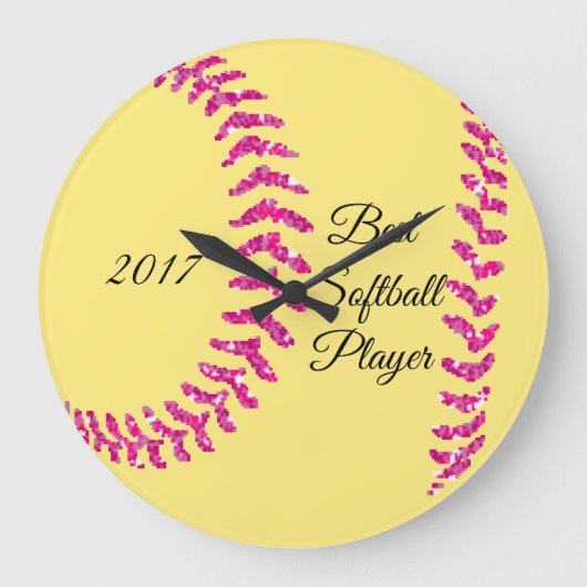 Roze Faux Glitter Softball Stitches Grote Klok (Voorkant)