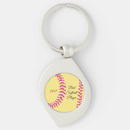Roze Faux Glitter Softball Stitches Sleutelhanger (Voorkant)