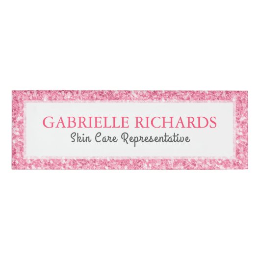 Roze Faux Glitter Tekst Sjabloon Naambadge (Voorkant)
