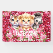 Roze Faux Glitter Wild Animals Party Sign Banner (Horizontaal)