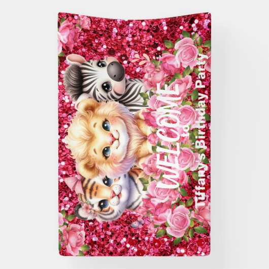 Roze Faux Glitter Wild Animals Party Sign Banner (Verticaal)
