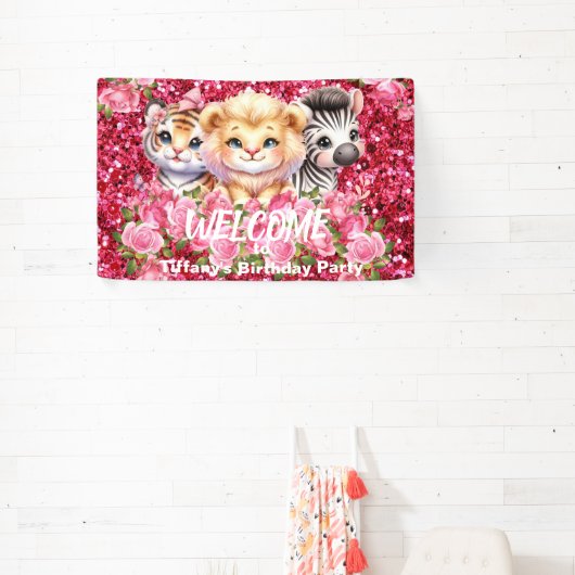Roze Faux Glitter Wild Animals Party Sign Banner (Insitu)