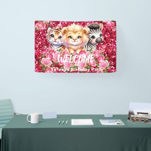 Roze Faux Glitter Wild Animals Party Sign Banner (Beurs)