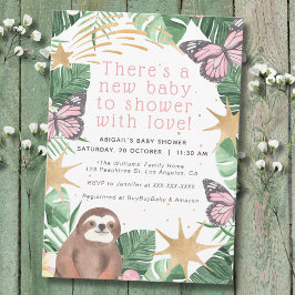 Roze Faux Gold Sloth & Butterfly Girl Baby shower Kaart