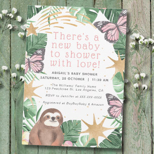 Roze Faux Gold Sloth & Butterfly Girl Baby shower Kaart