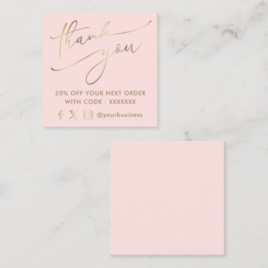 roze faux goud bedankt script vierkante visitekaartje (Voorkant / Achterkant)
