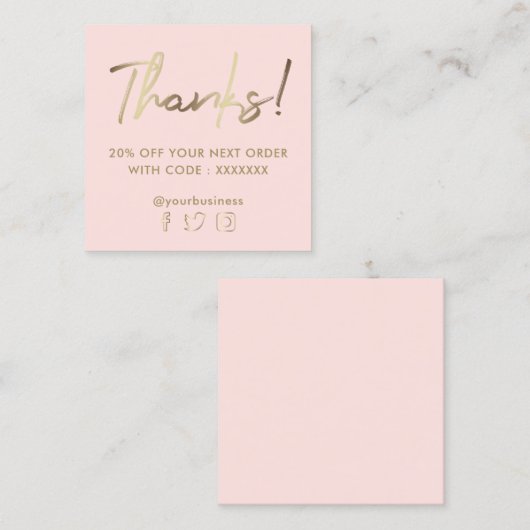 roze faux goud dank u vierkant visitekaartje (Voorkant / Achterkant)